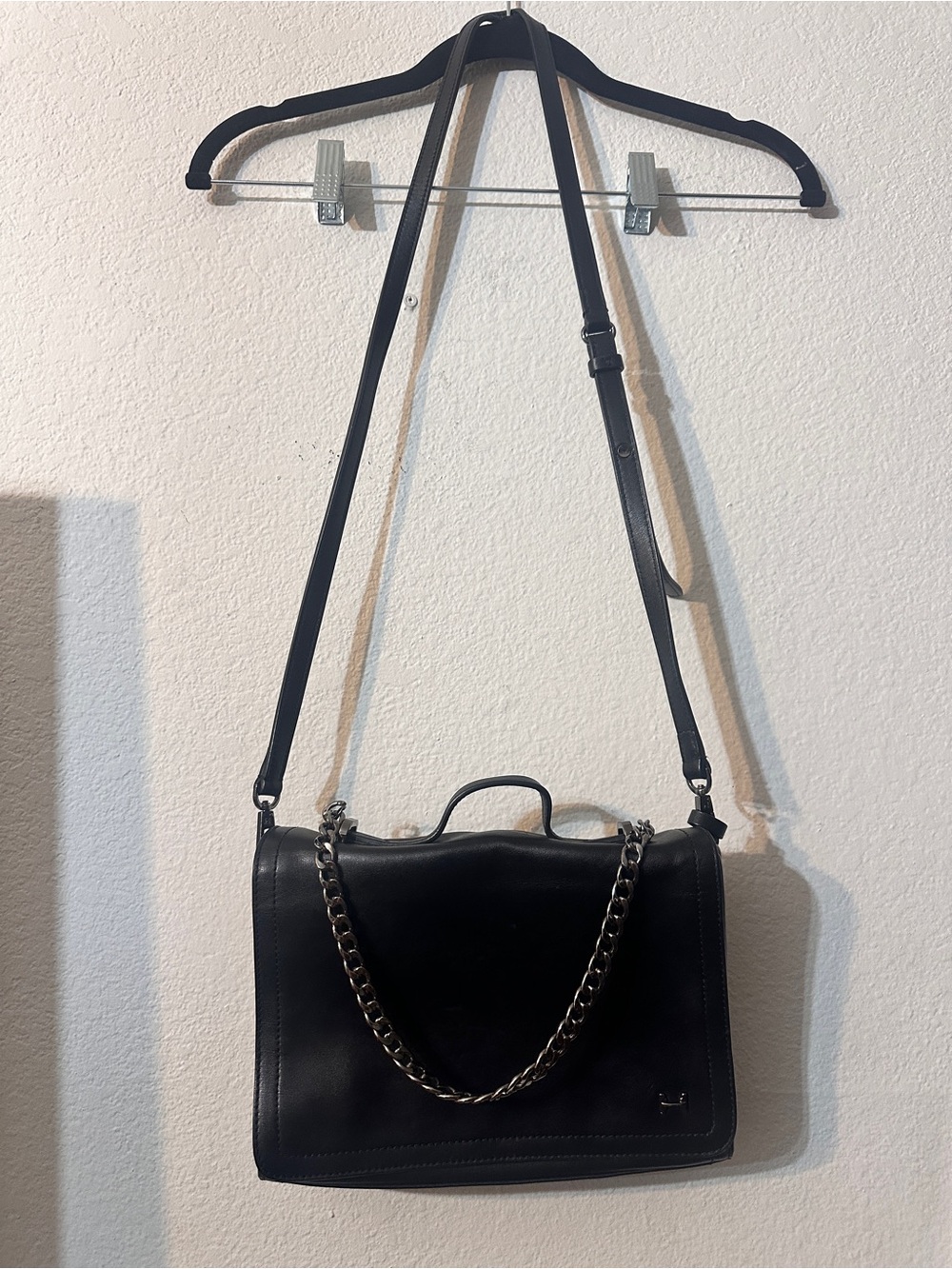 Halston Heritage Black Leather Satchel with Chain Detail